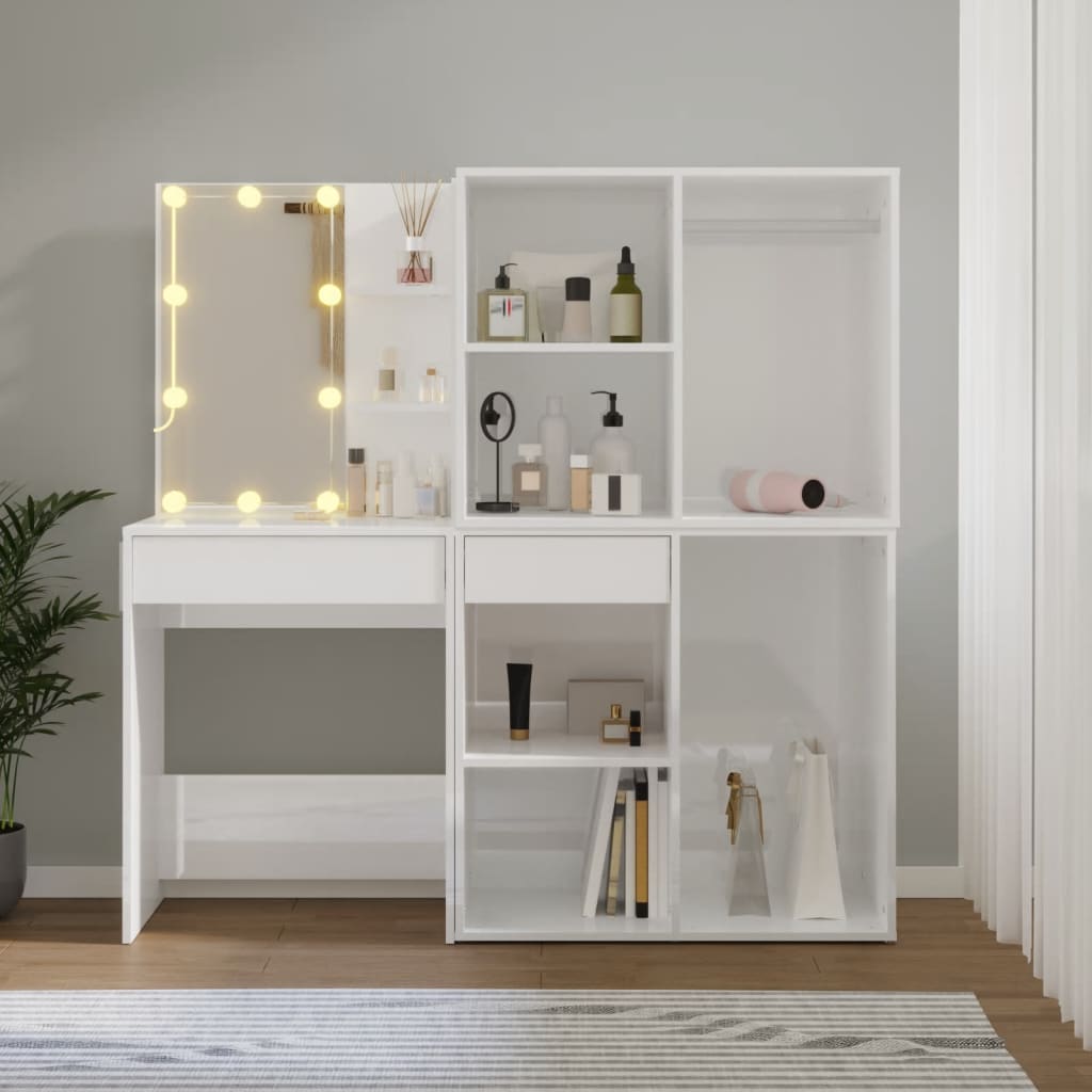 Led Dressing Table With 2 Cabinets High Gloss White Engineered Wood